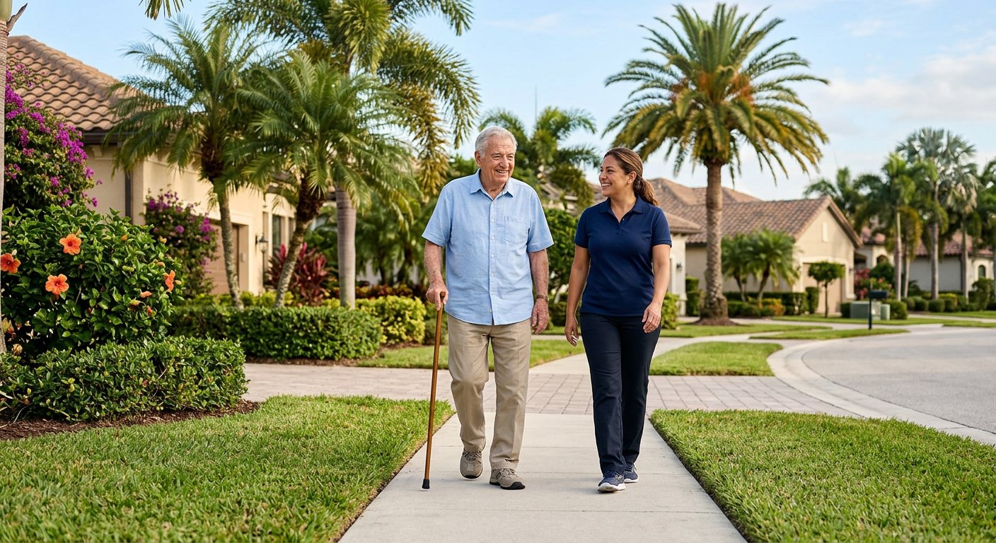 Caregiver walking with an older adult outdoors in Broward County